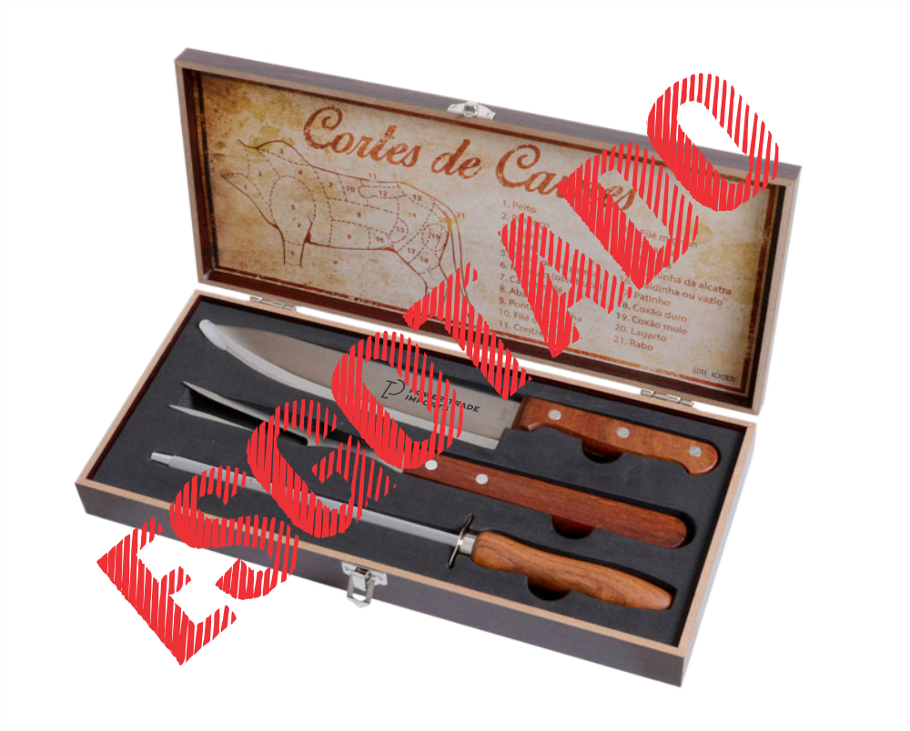 Maleta Madeira Churrasco, Faca Garfo e Afiador - MCF.1023