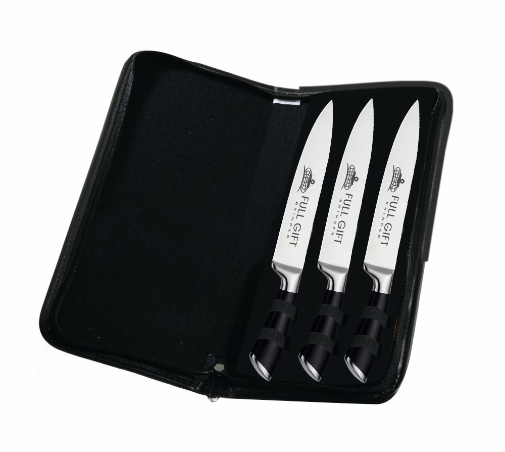 Estojo 3 facas do Chef, aço inox 8", cabo preto - EST FC-97552