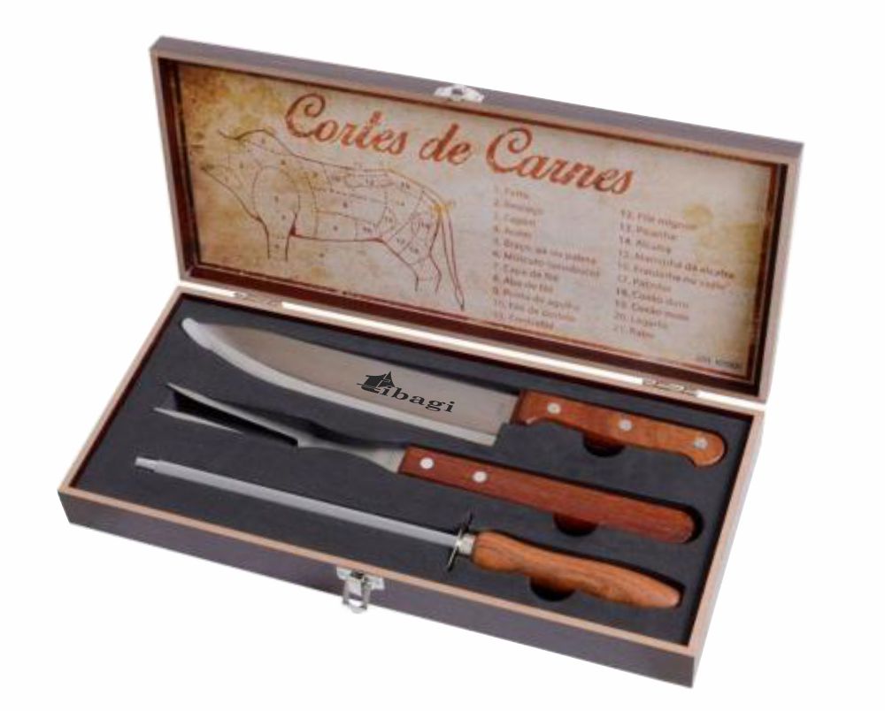 Maleta Madeira Churrasco, Faca Garfo e Afiador - MCF.1023