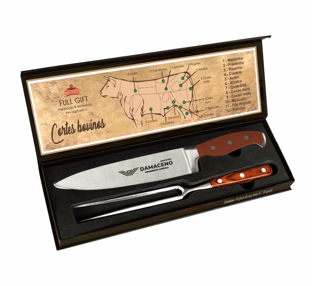 Estojo luxo churrasco, faca 8" e garfão, inox, cabo madeira - ECFG-4493