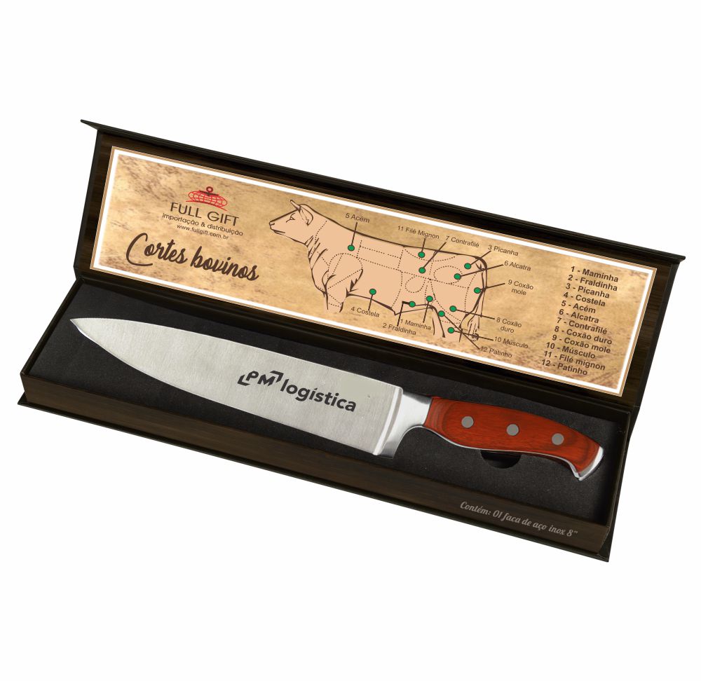 Estojo luxo churrasco, faca 8", inox, cabo madeira - ECF-1493