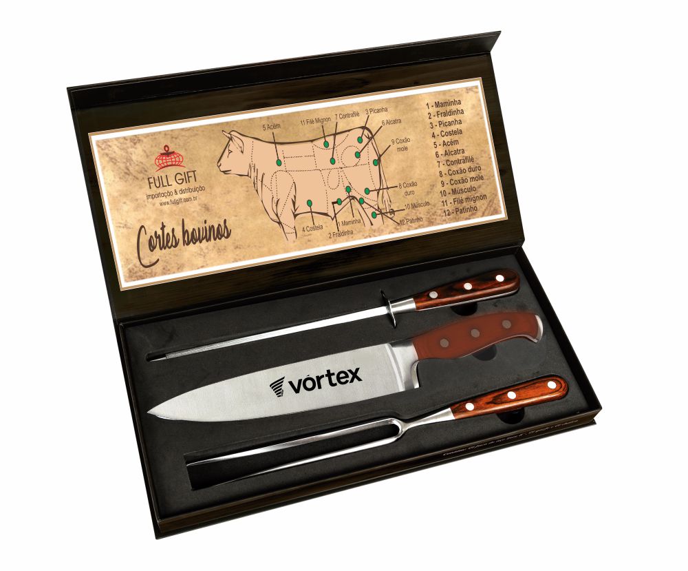 Estojo luxo churrasco, faca 8", garfão e afiador inox, cabo madeira - ECFGA-5493